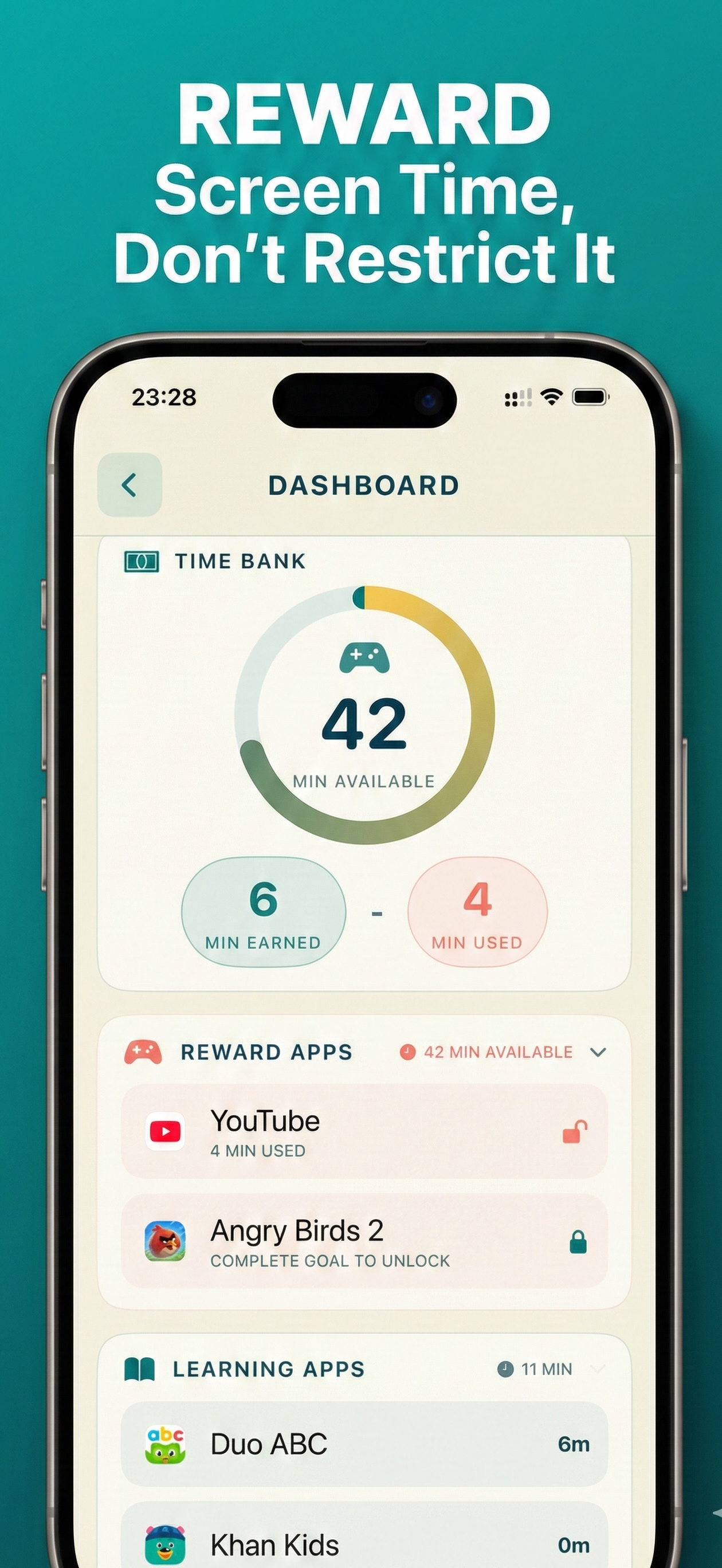 Reward Screen Time - Dashboard showing Time Bank with 42 minutes available